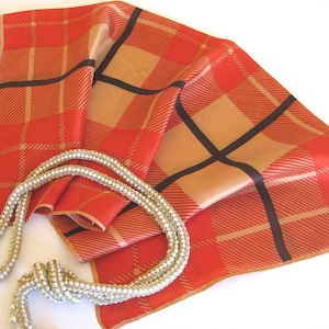 Vintage Scarf, Square, 23 x 23 Inches, Made in Japan, 100% Acetate, Hand Rolled, Plaid Square Design, Orange, Apricot, Brown, Eye-catching!
