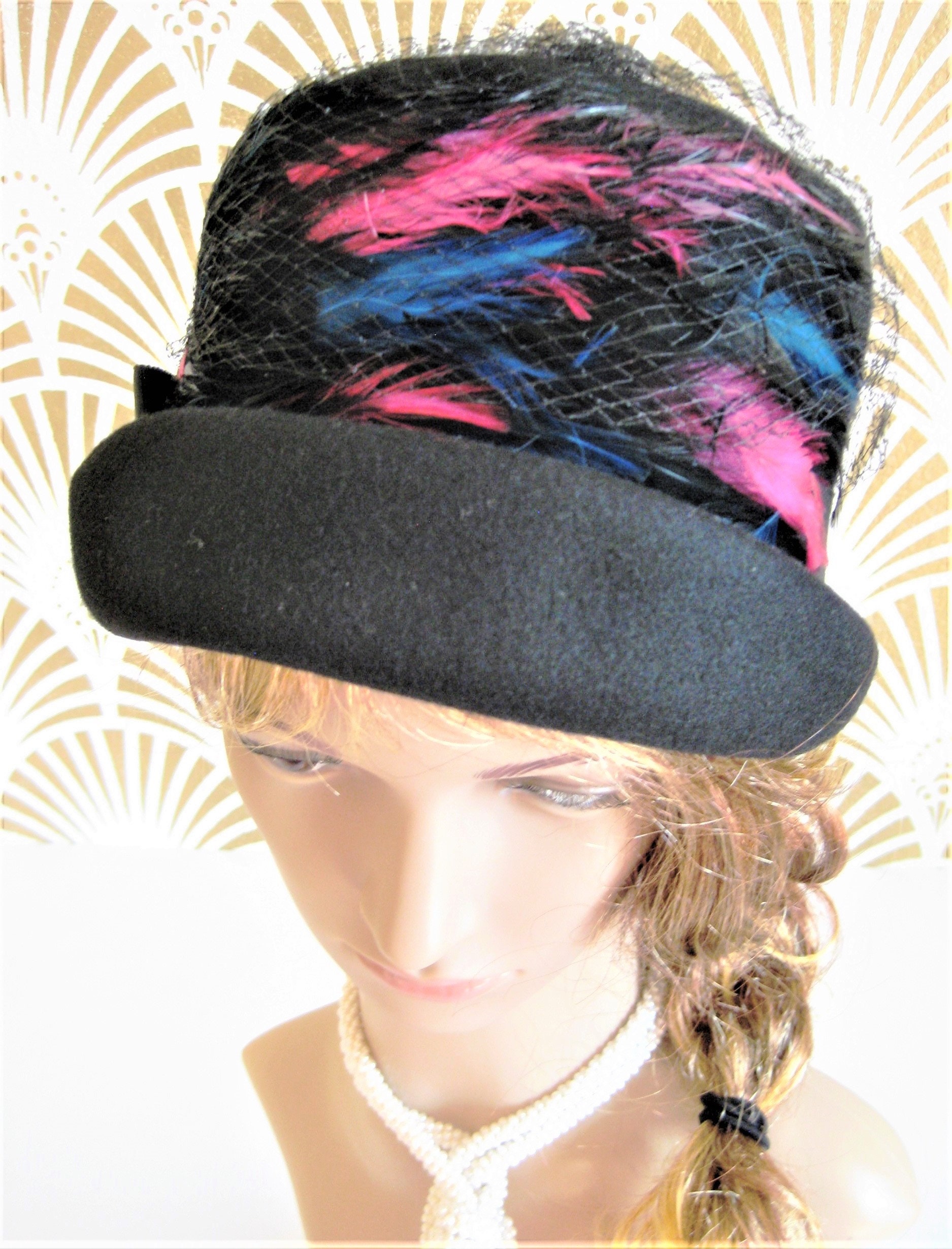 Wool Fedora Hat: Black Feathered Cloche, Henry Pollack  display picture 3