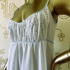 Nightgown, CLAIRE SANDRA by Lucie Ann, Beverly Hills, White Eyelet Lace Bodice, Satin Light Blue Trim, Lace Hem, Floor-length, Vintage 1970s