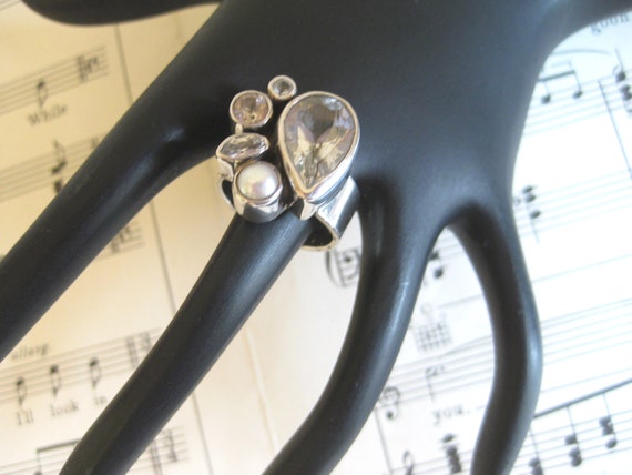 Vintage Pear Jewel Cocktail Ring, Pearl Rhineston… - image 4