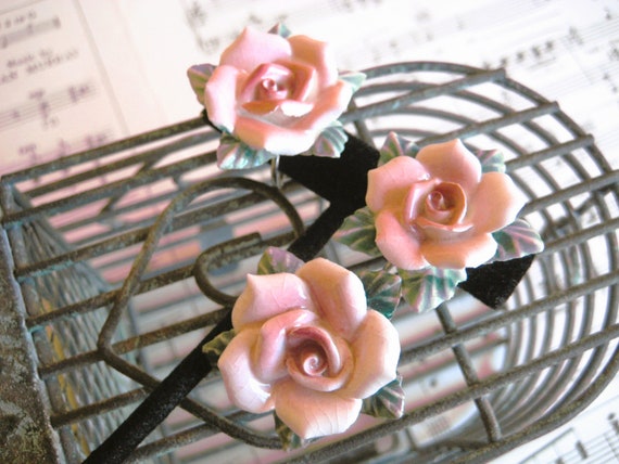 JAPAN Brooch and Clip Earrings, Porcelain Pink Ro… - image 3
