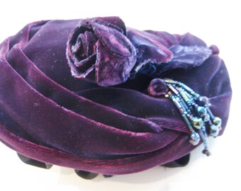 BRANDT of Paris and New York, Designer Vintage Hat, Purple Velvet, Rose, Jeweled Bugle Bead Dangling Decoration, Original Hat Pin, 1950