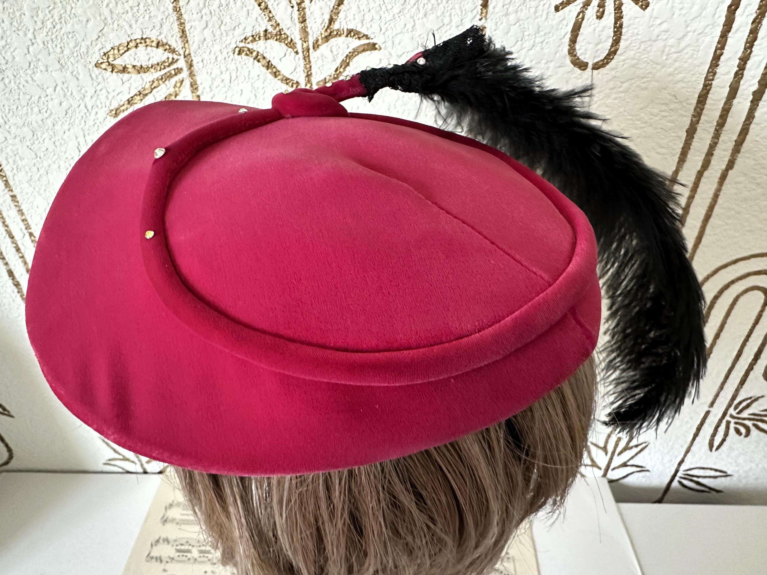 Vintage Magenta Pink Velvet Pillbox Hat Braided Satin Trim Retro Mid Century Vintage Hat, Fuchsia Pink Velvet, Feather and Rhinestone  main image 3