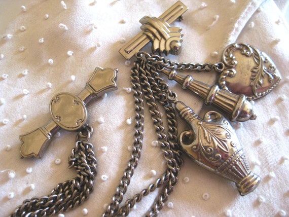 CHATELAINE 3 CHAIN, Three Charms, Two Brooch Pins… - image 4