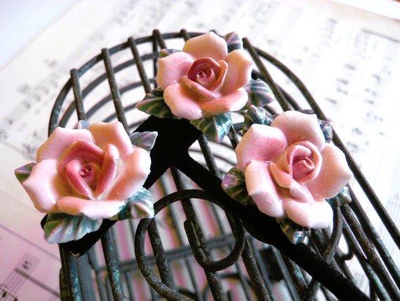 JAPAN Brooch and Clip Earrings, Porcelain Pink Ro… - image 10