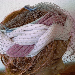 Halo Hat, Violet Chiffon Bows, Netting, Union Made, Vintage  display picture 1