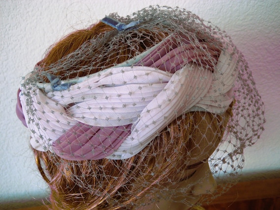 Halo Hat, Violet Chiffon Bows, Netting, Union Made, Vintage  display picture 1