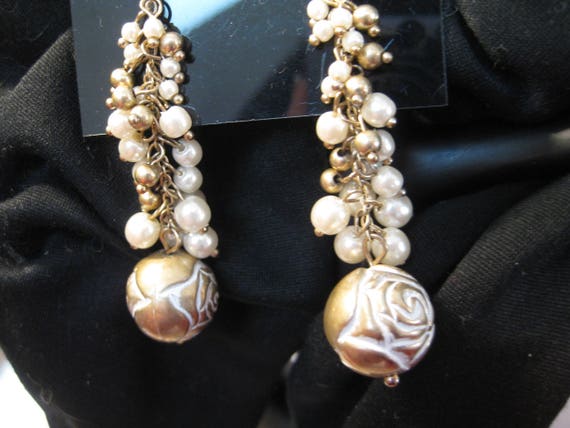 Dangle Earrings, Faux Pearls, Gold Tone Metal Bea… - image 1