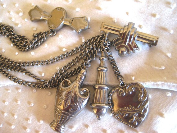 CHATELAINE 3 CHAIN, Three Charms, Two Brooch Pins… - image 2