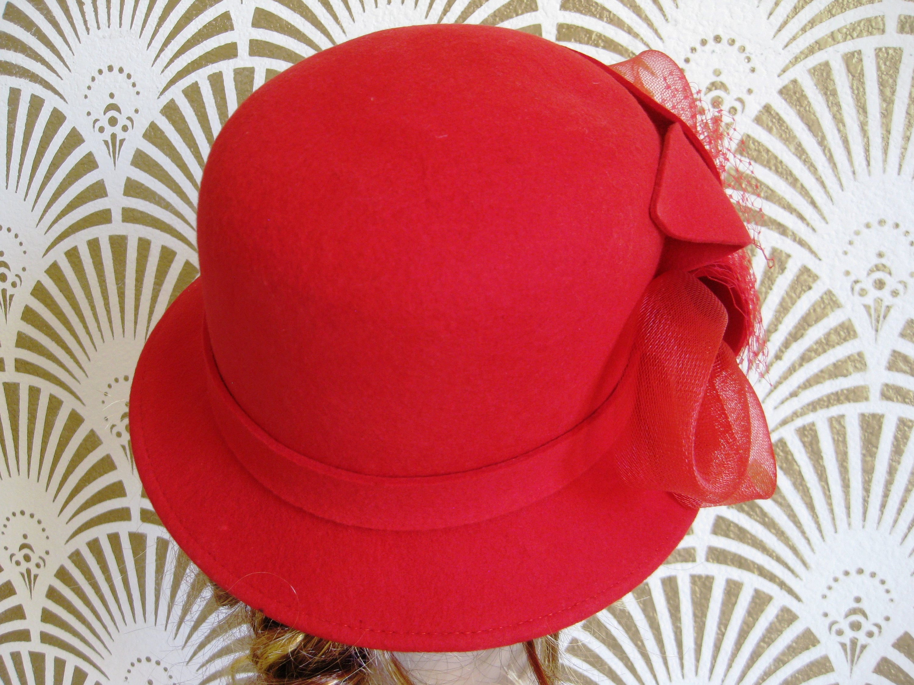 Hat, Red Felted Wool Cloche Hat, Charm