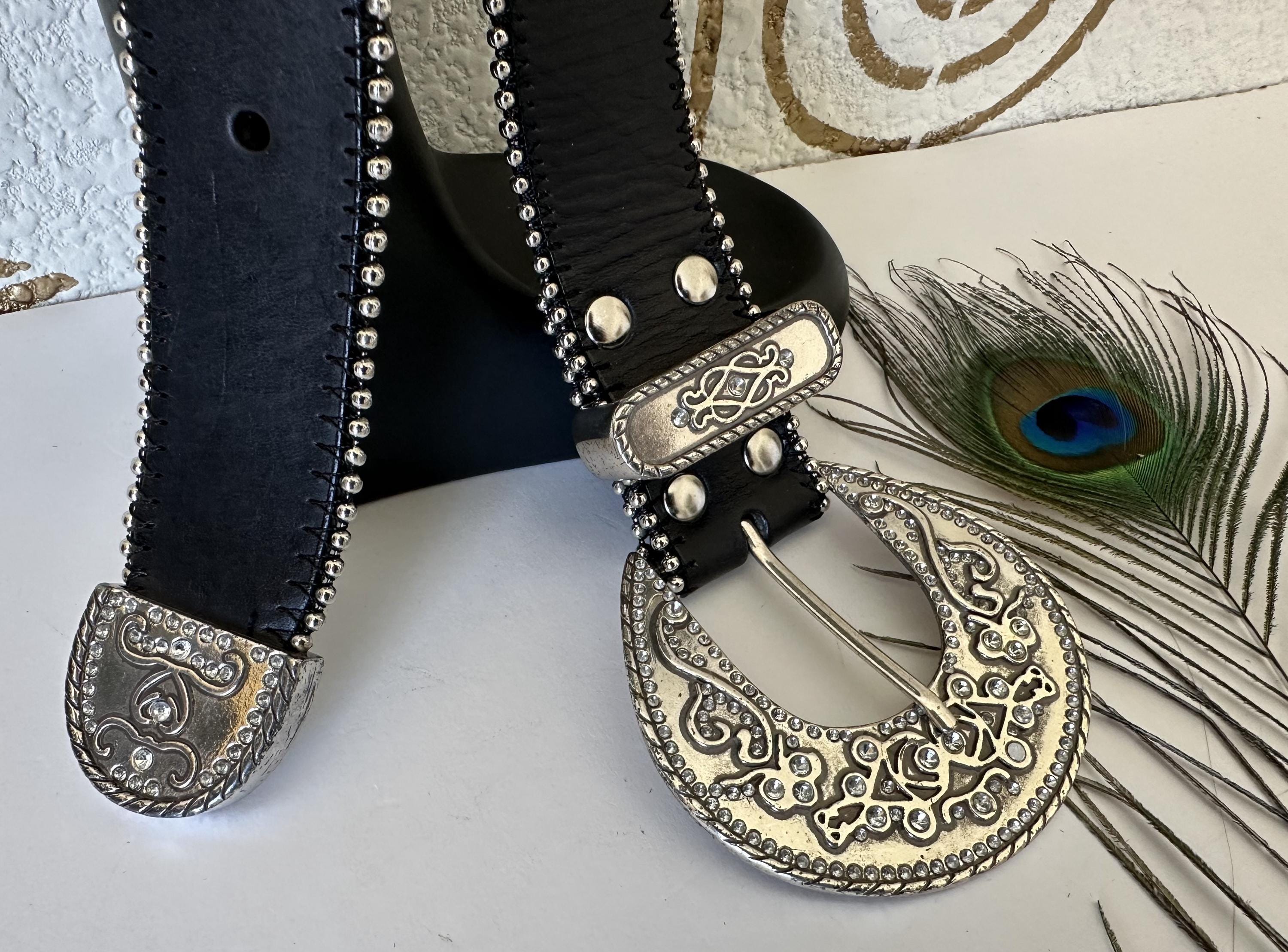 Leather Belt, Jeweled Silver Buckle, Rhinestone Accents  display picture 2