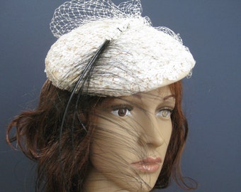 LANCASTER Designer Hat, Elegant Vintage White Sequined Hat, With Two Delicate Black Curled Feathers, Netting, 1950s, Never Been Worn