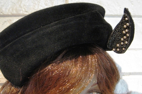 Asymmetrical Hat, Black Wool Velour, Hat with Bea… - image 2