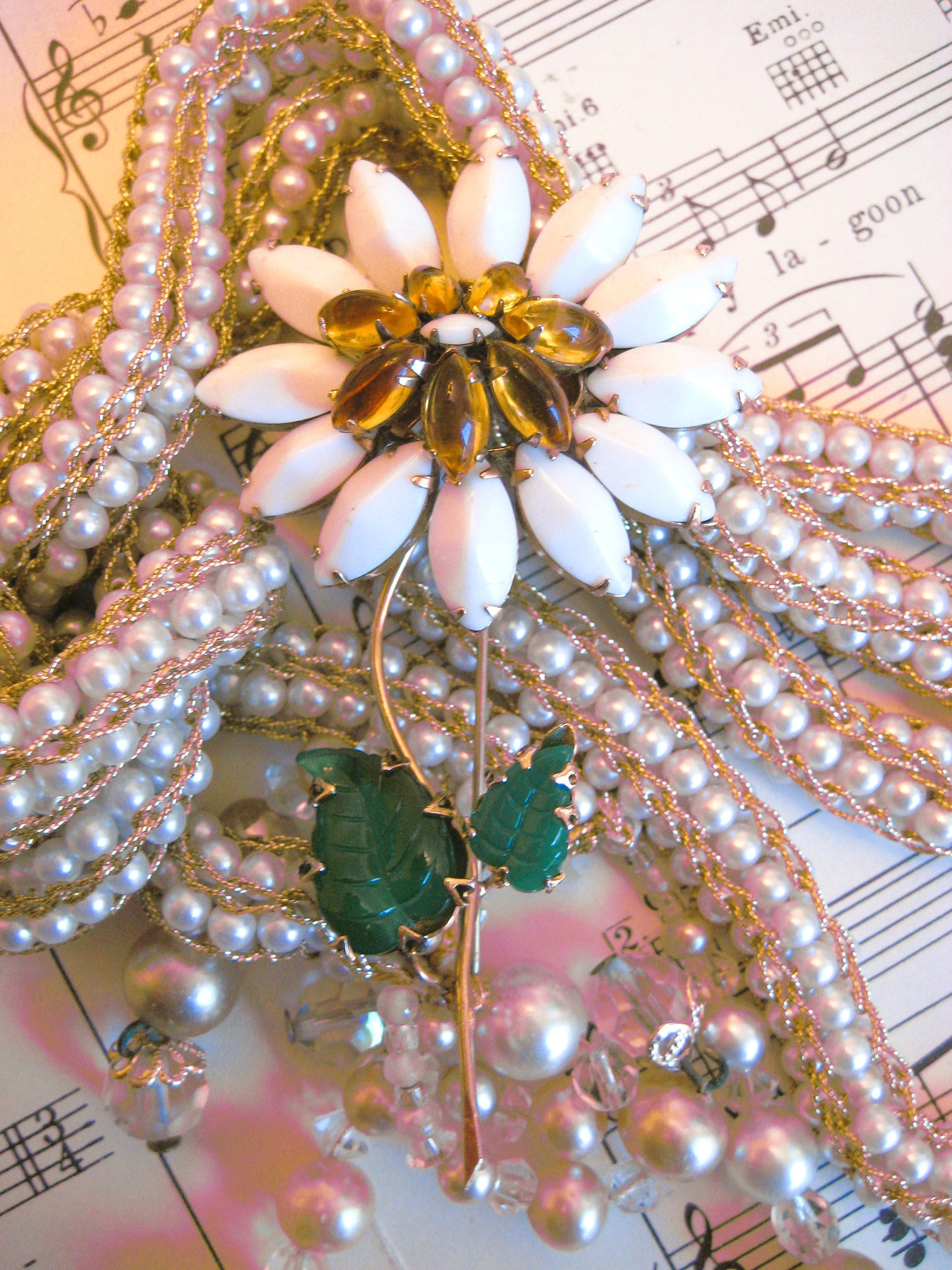 Signed SCHREINER NY Flower Brooch, Milk Glass, Art Glass Stones - Etsy