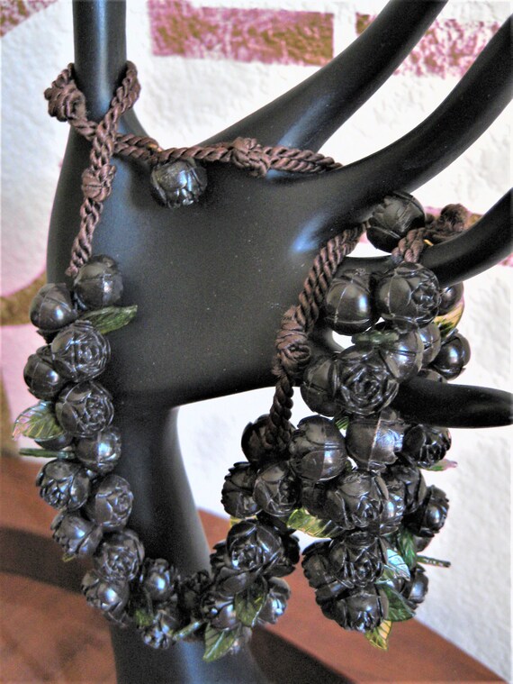 Roses Necklace/ Bracelet Set, Ebony Brown Carved … - image 9