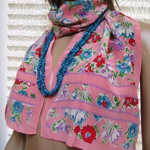 HONEY, Vintage Long Rectangle, 100% Silk, Charming Garden of Colorful Flowers, Pink, Turquoise, Red and White, 51 x 11 inches, Vintage Scarf
