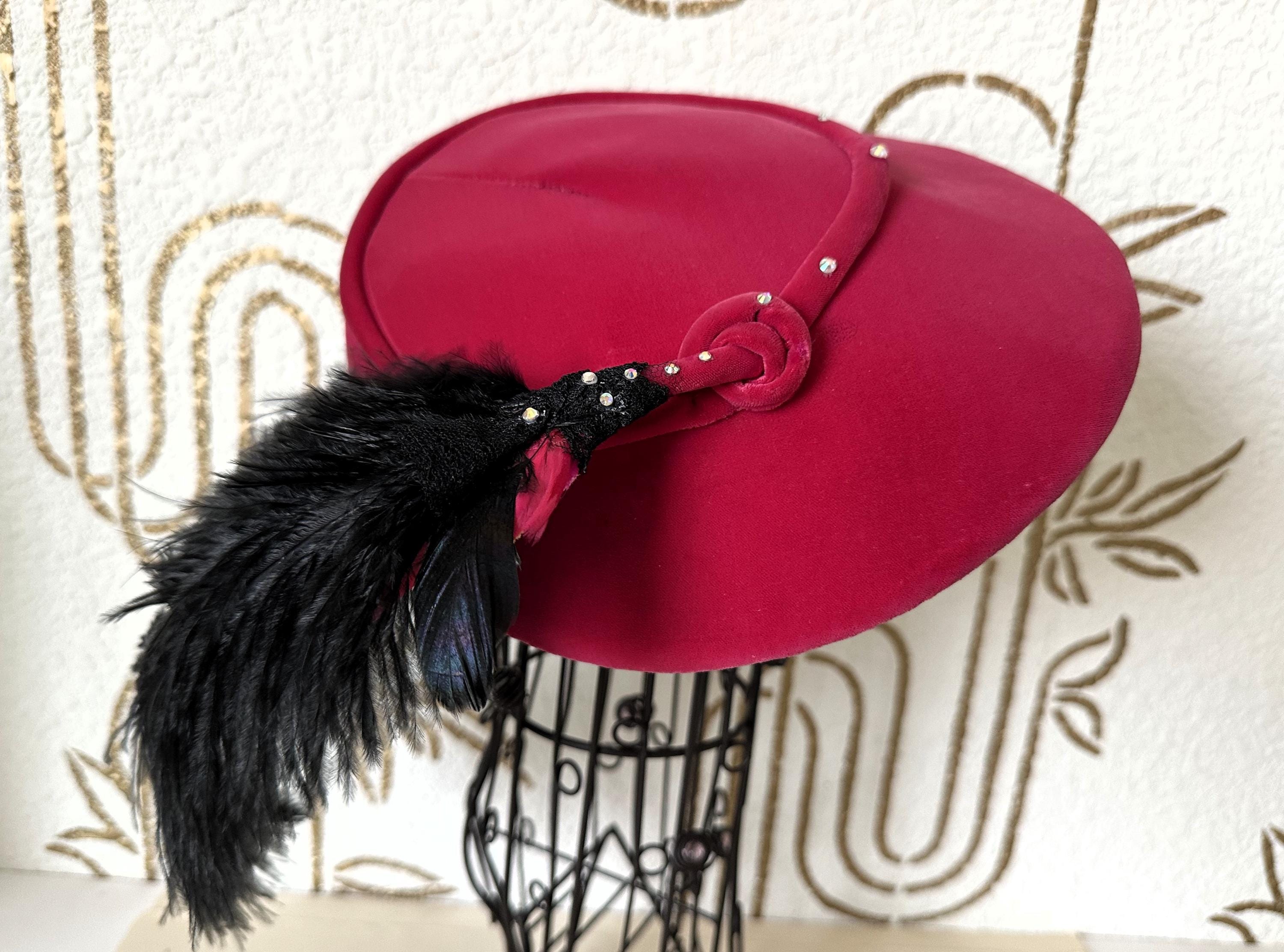 Vintage MCM Fuchsia Pink Satin and Velour Fascinator Cocktail Hat Vintage Hat, Fuchsia Pink Velvet, Feather and Rhinestone  main image 2