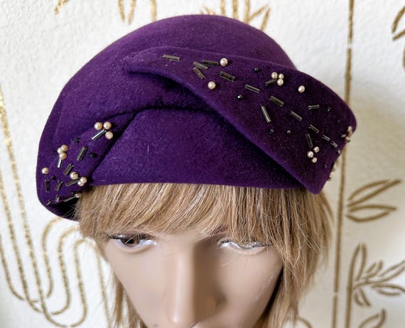 Purple Felt Hat, AUSTELLE Fashion, Beaded Trim, Vintage  display picture 2