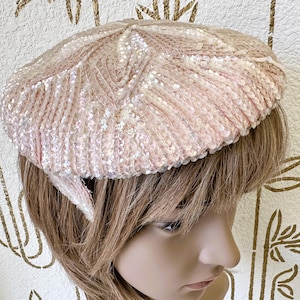 Vintage 1950s Sequined Cocktail Hat, Champagne Ice Pink, Bridal Occasion