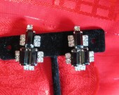 Vintage Earrings, Black Faceted Art Glass and Sparkling Rhinestones, Clip-on Earrings, Silver Tone Metal, 1960s, Glittering and Glorious