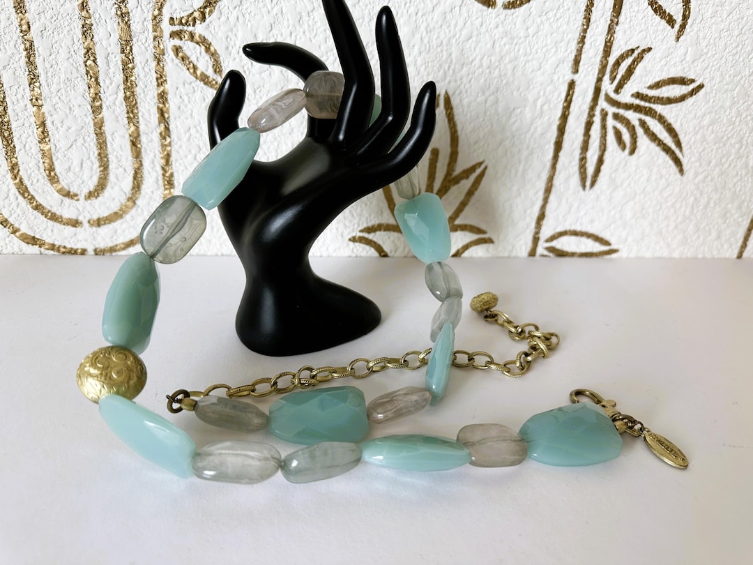 Turquoise Art Glass Beaded Belt, Gold Chain, Signed Chico display picture 1