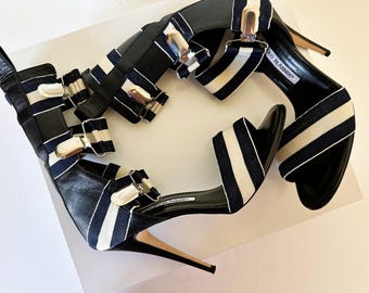 Manolo Blahnik Couture-sandalen, blauwe en witte strepen, maat 37