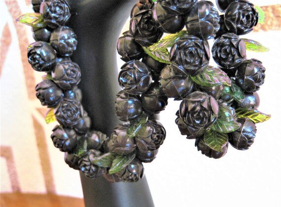 Roses Necklace/ Bracelet Set, Ebony Brown Carved … - image 3