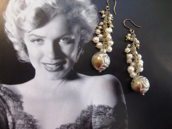 Dangle Earrings, Faux Pearls, Gold Tone Metal Bea… - image 2