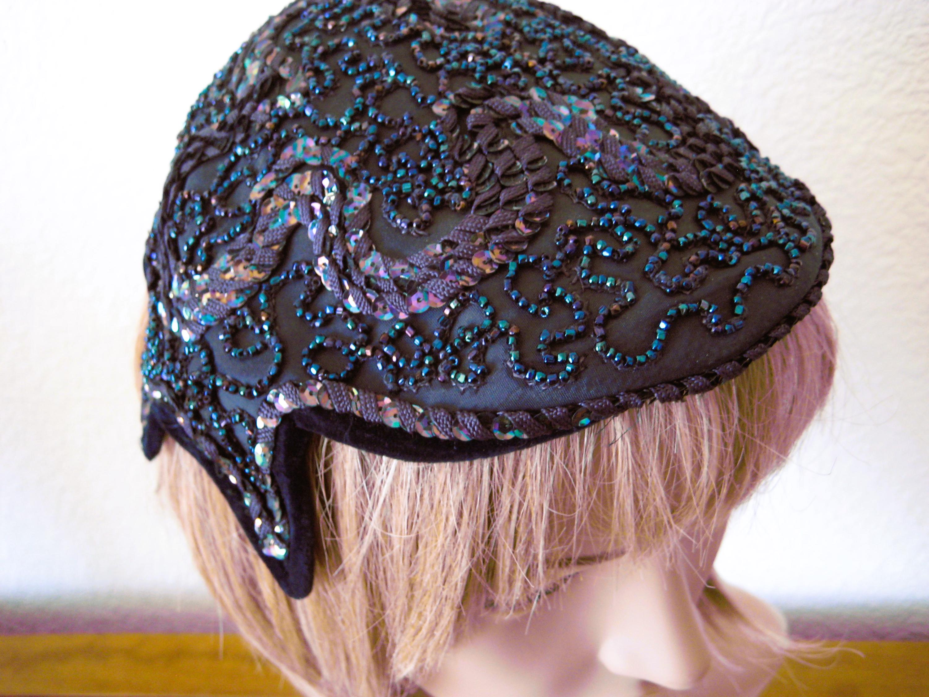 Vintage 1950s Beaded Caplet Hat Navy Sequenced Beaded Caplet Hat, PIERCE Designer, Vintage 1950s Glamour - Etsy main image 4