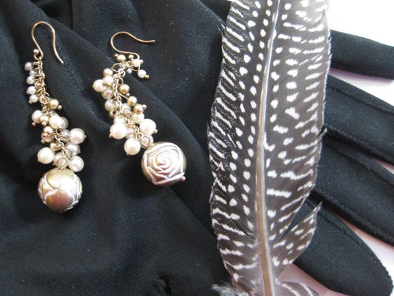 Dangle Earrings, Faux Pearls, Gold Tone Metal Bea… - image 3