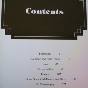 May include: A book's contents page with the title "Contents" in white letters on a dark brown decorative background. The page lists chapter titles such as "Beginnings", "Glamour and Hard Work", and "Index", with corresponding page numbers.