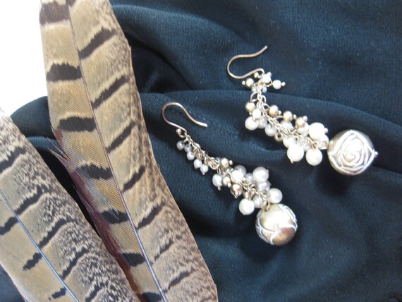 Dangle Earrings, Faux Pearls, Gold Tone Metal Bea… - image 9