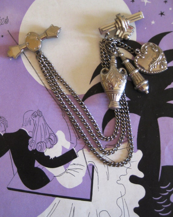 CHATELAINE 3 CHAIN, Three Charms, Two Brooch Pins… - image 7