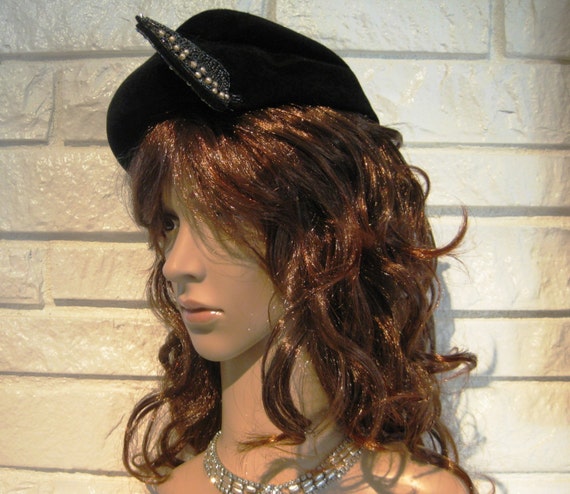 Asymmetrical Hat, Black Wool Velour, Hat with Bea… - image 5