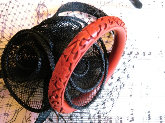 Vintage Ruby Red Carved Bangle Bracelet, Floral P… - image 7