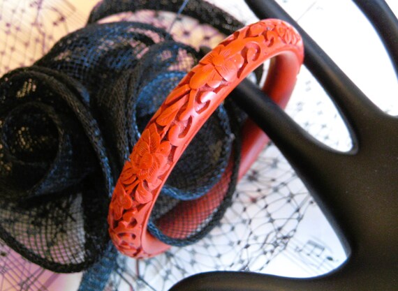 Vintage Ruby Red Carved Bangle Bracelet, Floral P… - image 5