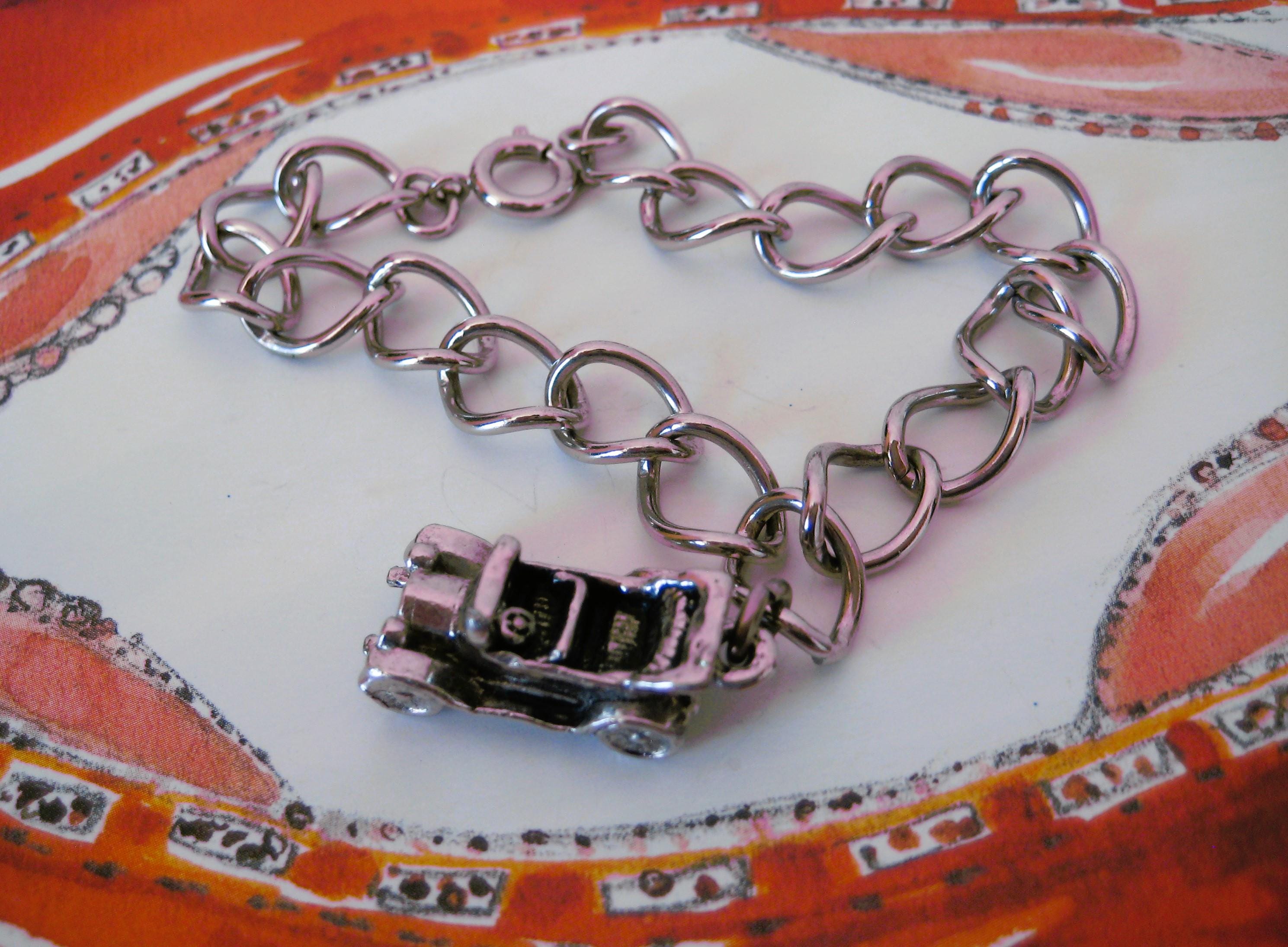 Charm Bracelet, Vintage Classic Car: Silver Tone Metal, Chunky 