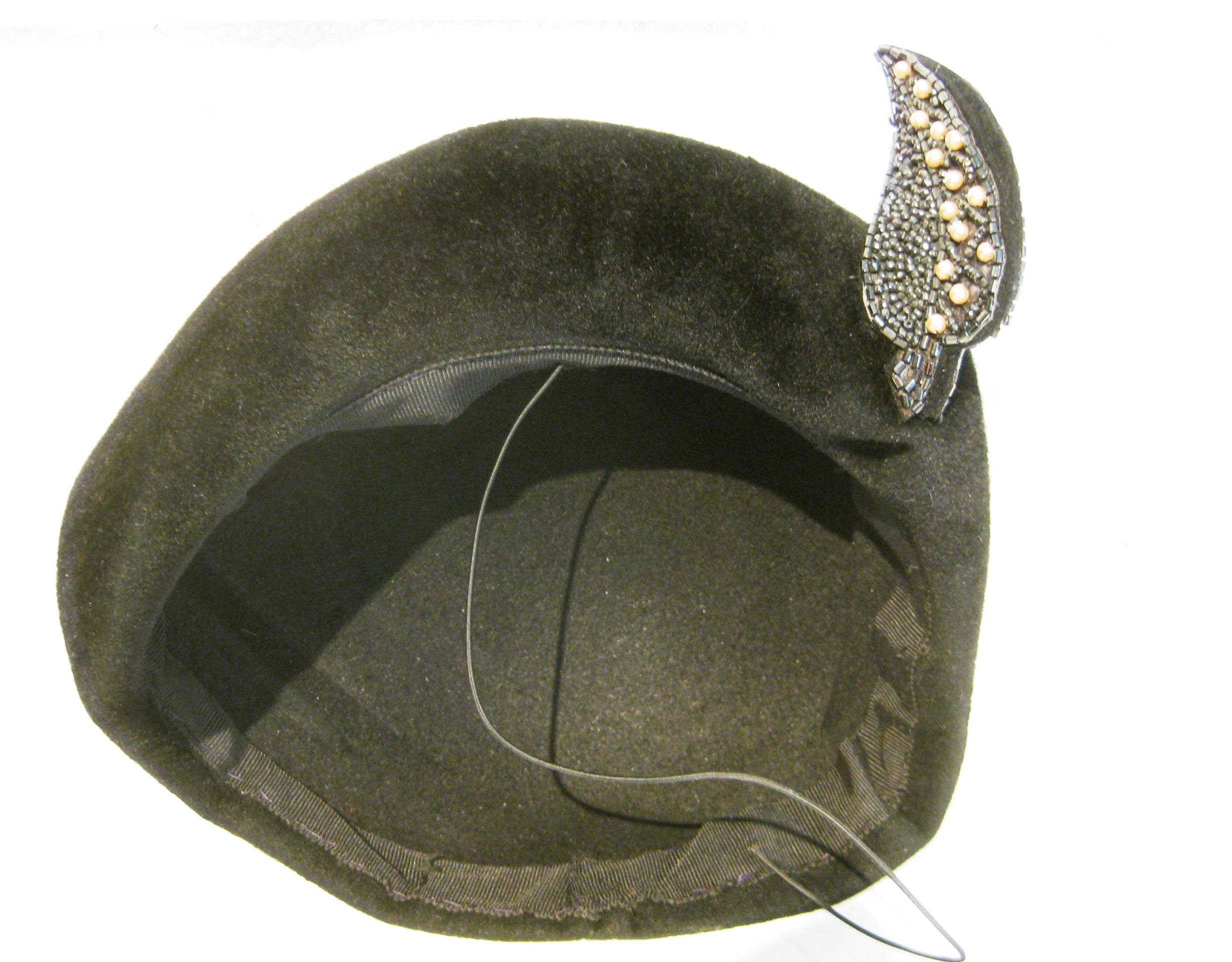 Asymmetrical Hat, Black Wool Velour, Hat With Beaded and Pearl Leaf ...