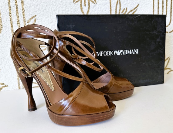 EMPORIO ARMANI Couture Brown Leather Pumps, Ankle Strap Heels