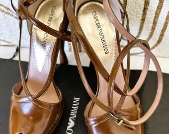 EMPORIO ARMANI Couture Brown Leather Pumps, Ankle Strap Heels 