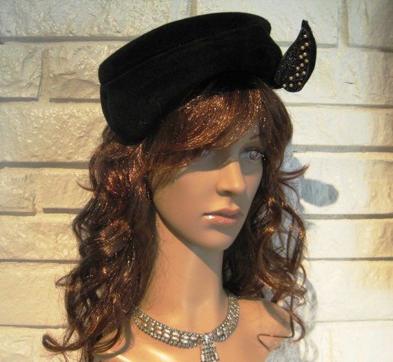 Asymmetrical Hat, Black Wool Velour, Hat With Beaded and  display picture 1