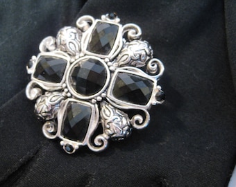 Vintage Brooch, Black Faceted Stones, Silver Tone Metal, Lovely Art Nouveau Style Design, Wonderful!!!