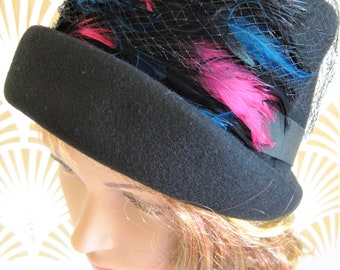 Wool Fedora Hat: Black Feathered Cloche, Henry Pollack  display picture 3