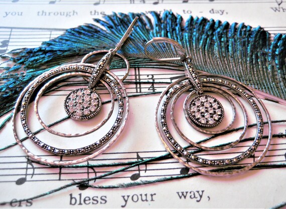 Dangle Earrings, Marcasite Rhinestone, Sterling Silver, Concentric Circles, Vintage