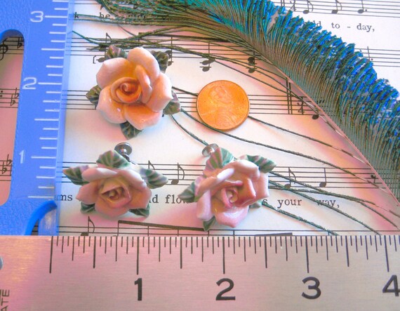 JAPAN Brooch and Clip Earrings, Porcelain Pink Ro… - image 2
