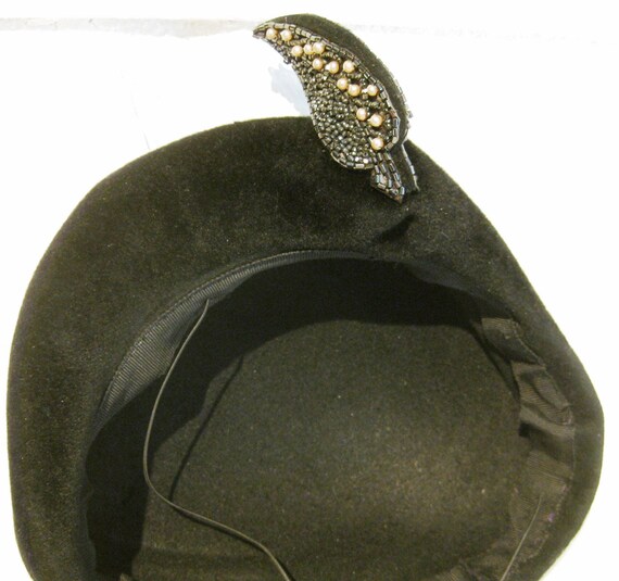 Asymmetrical Hat, Black Wool Velour, Hat With Beaded and  display picture 1