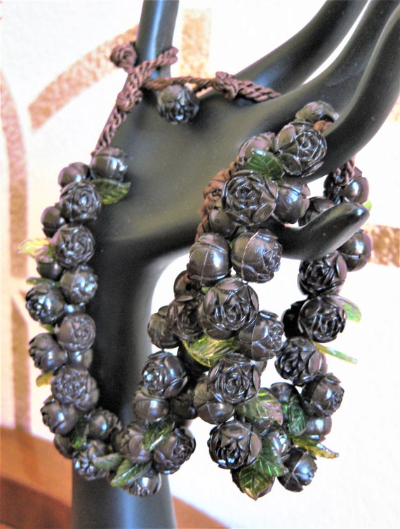 Roses Necklace/ Bracelet Set, Ebony Brown Carved … - image 5