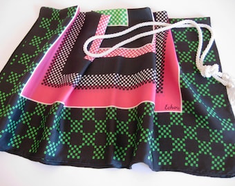 ECHO Designer Scarf, Signed, Vintage, Square, 27 x 26 Inches, Checkerboard and Square Geometric Design, Hand rolled Edges, Striking Colors!