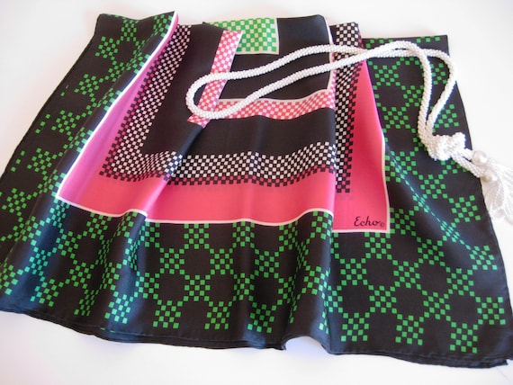 ECHO Designer Scarf: Geometric Checkerboard Print, Hand-Rolled Edges, Vintage