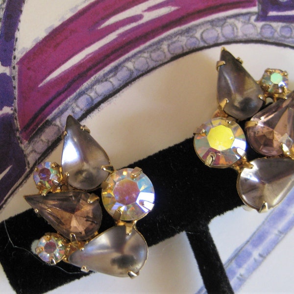 GARNE Signed Clip-on Earrings, Lavender and AB Rhinestones, Cluster Design, Gold Tone Metal, Prong Set, Estate Find, 1950s Costume Jewelry